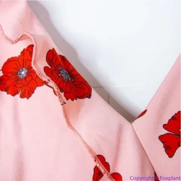 Adrianna Papell warm pink red floral print high low flutter sleeve dress size 14 - Picture 9 of 16